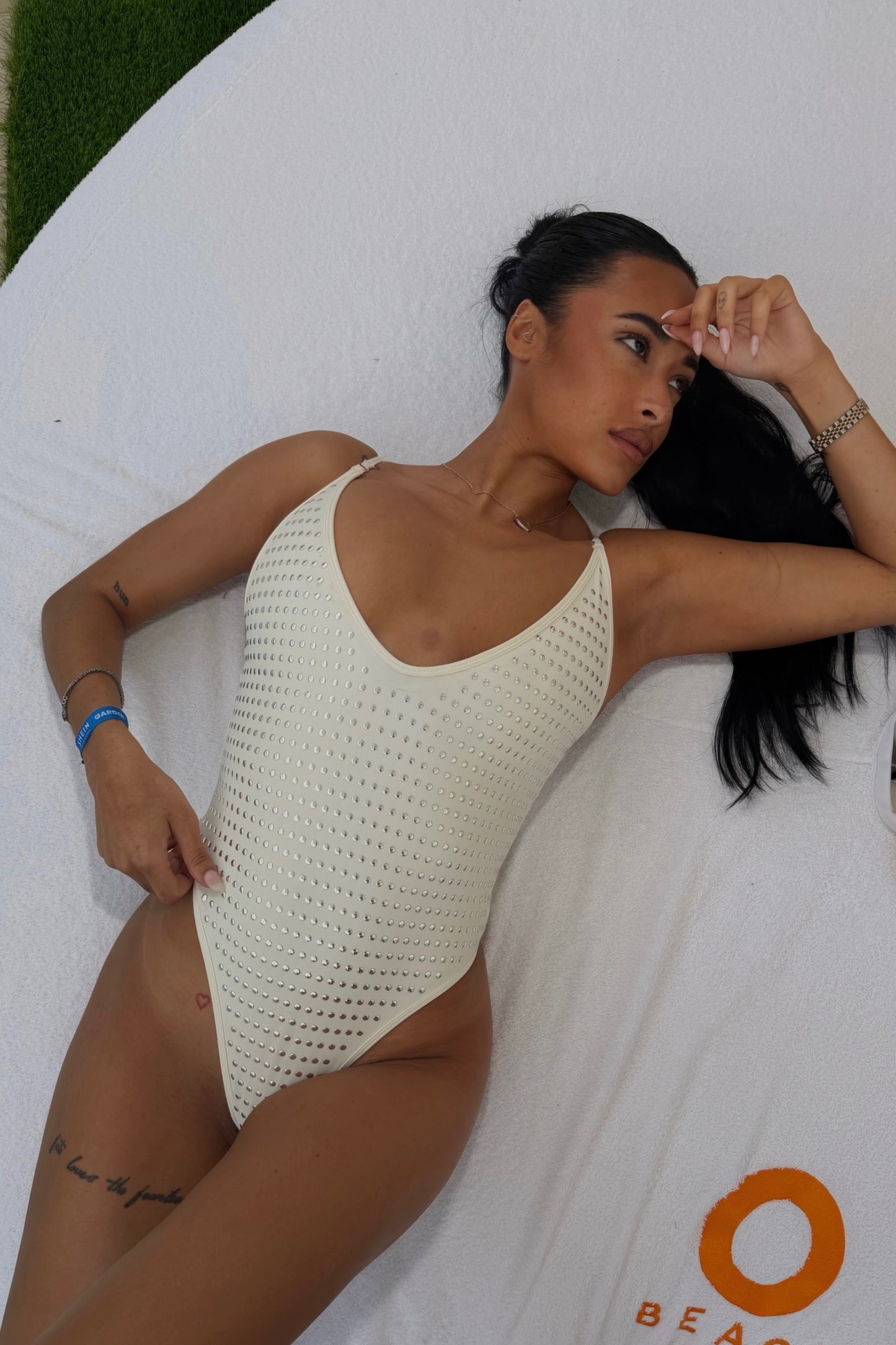 '95  Studded Plunge White One-piece