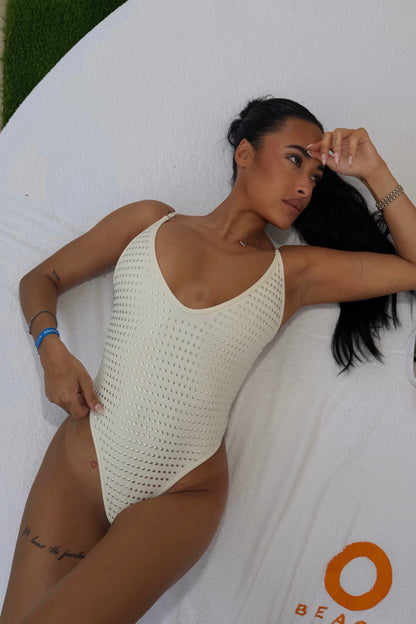 '95  Studded Plunge White One-piece